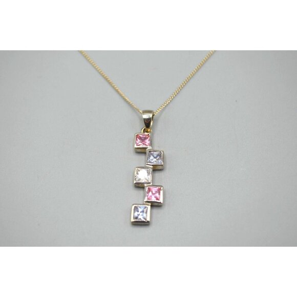 Square Rhinestone Drop Pendant Necklace Sterling Silver 925 MHJ 3.8g 9.25" Pink - Picture 1 of 8